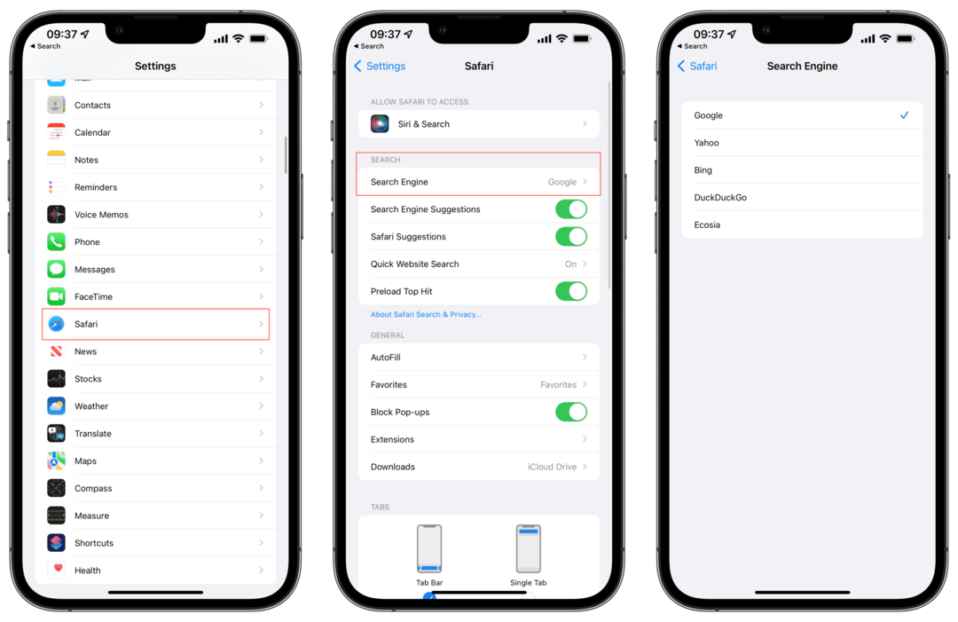 Kaip pakeisti paieškos variklį „Safari“ „iPhone“.