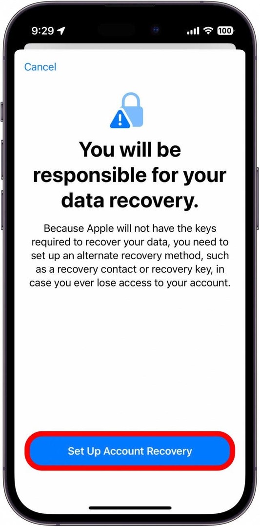 Jika Anda belum menyiapkan Pemulihan Akun, Anda akan diminta melakukannya sekarang. Ketuk Siapkan Pemulihan Akun.