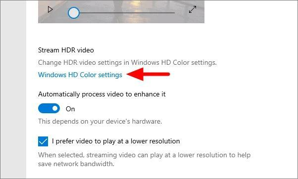 לחץ על 'הגדרות צבע של Windows HD