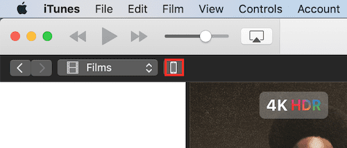डिवाइस कनेक्ट होने पर दिखाई देने वाले iPhone बटन को हाइलाइट करने वाले iTunes से एक स्क्रीनशॉट 
