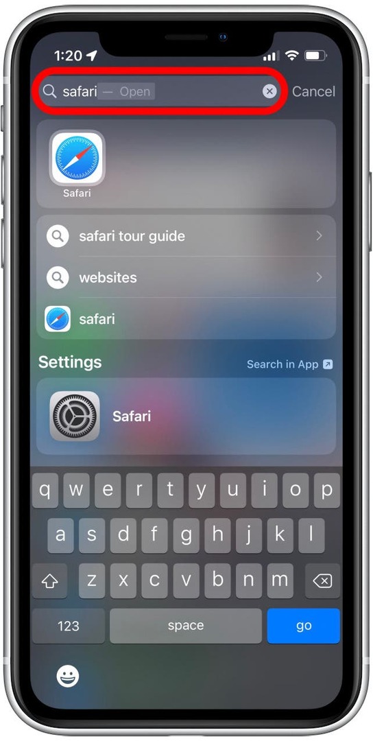 सफारी टाइप करें और इसे तुरंत ऊपर आना चाहिए।