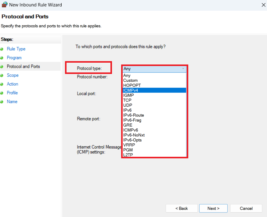 Pilih ICMPV4 atau ICMPV6 dari menu tarik-turun Jenis protokol