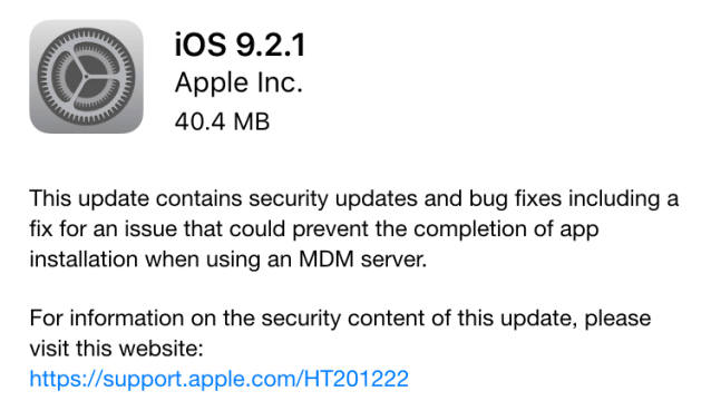 iOS 9.2.1 릴리스