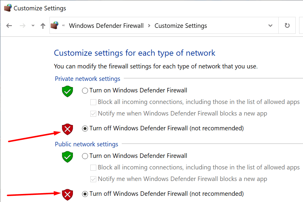 poista Windows Defensen palomuuri käytöstä
