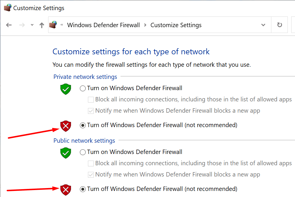 desative o firewall do Windows Defender