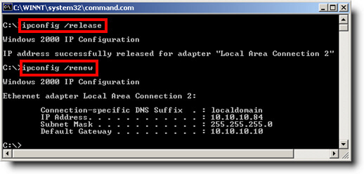 Indtast kommandoer ipconfig release Indtast ipconfigrenew