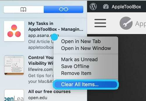 Снимок экрана macOS с выделением Очистить все элементы... кнопка