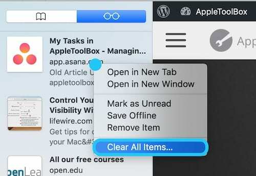 Näyttökaappaus macOS: stä, jossa korostetaan Clear All Items... -painiketta