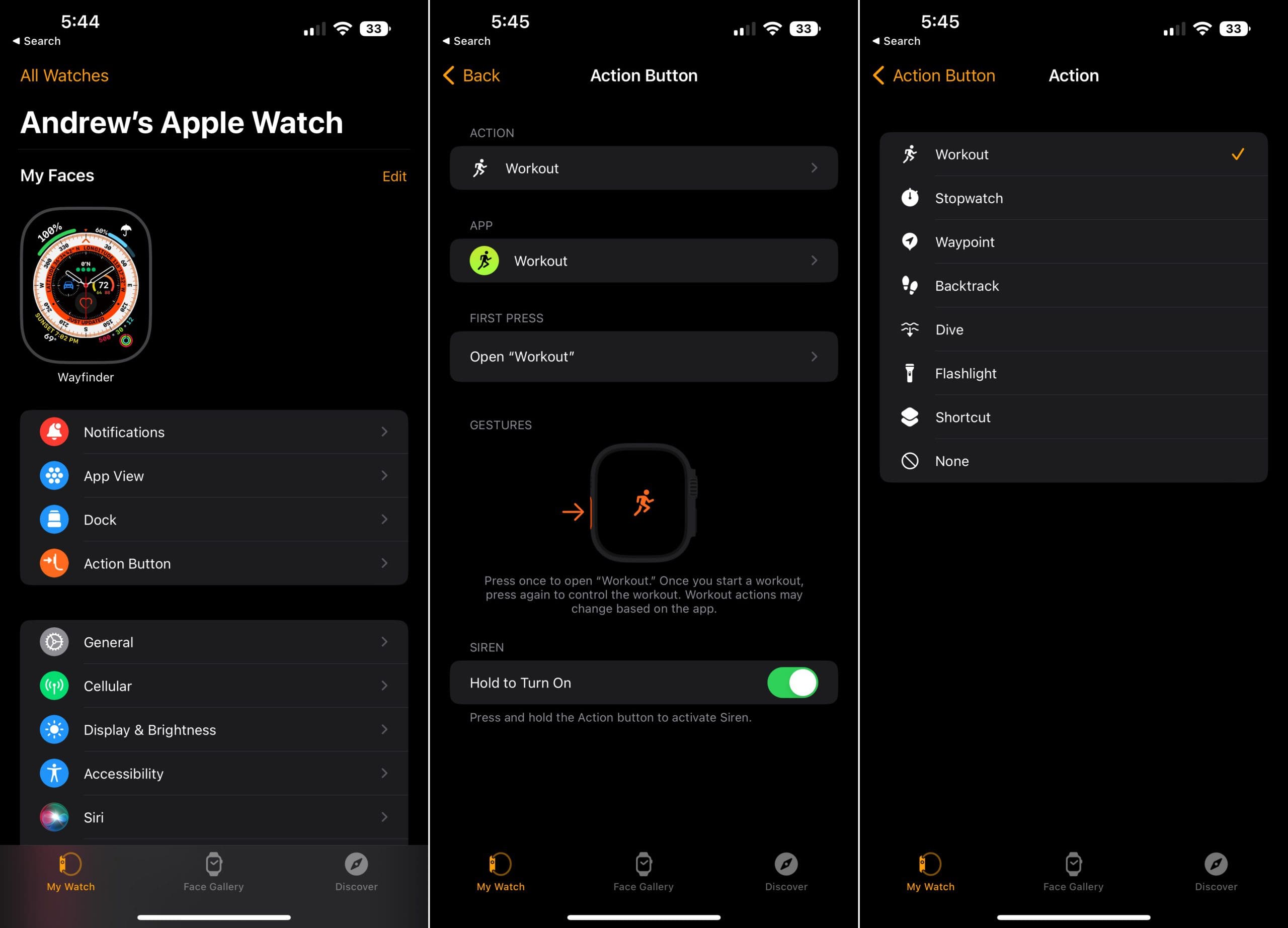 Kā lietot darbības pogu Apple Watch Ultra — iestatīšana iPhone tālrunī