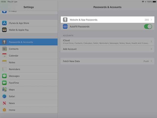 IOS 12 सेटिंग्स में वेबसाइट और ऐप पासवर्ड
