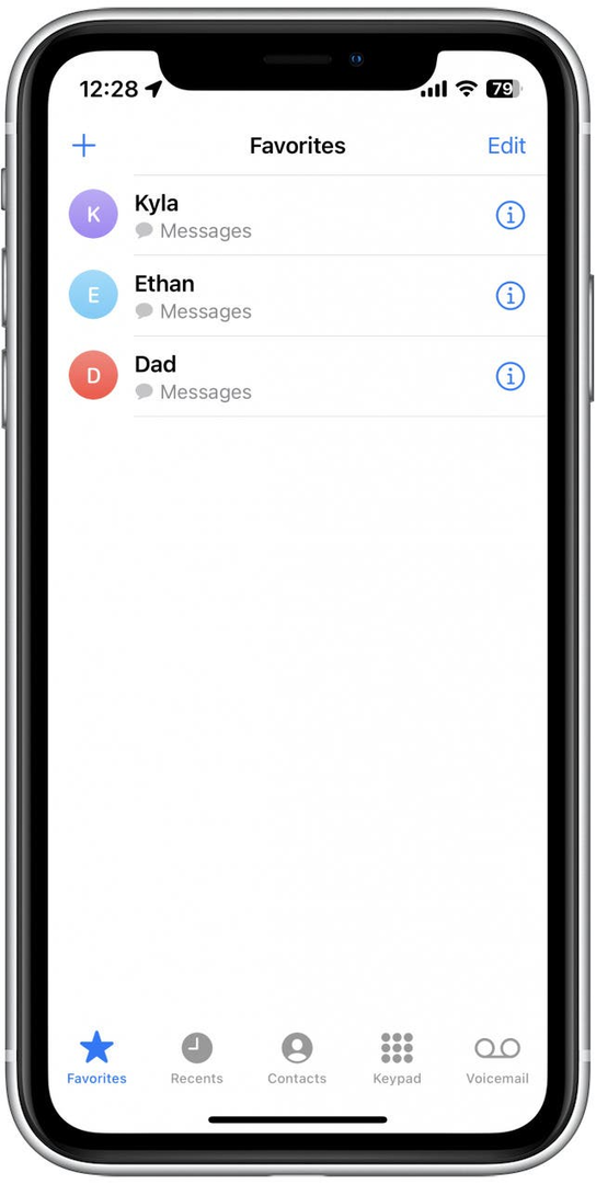 Снимак екрана апликације иПхоне телефона која приказује листу фаворита