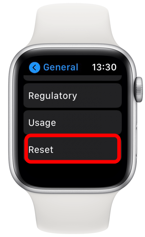 Scrollen Sie nach unten und tippen Sie auf der Apple Watch auf Zurücksetzen