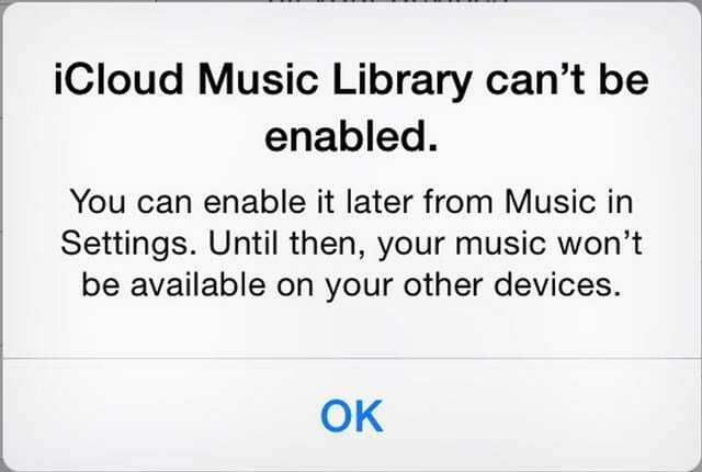 لا يمكن تمكين مكتبة موسيقى Apple Music iCloud. رسالة خطأ