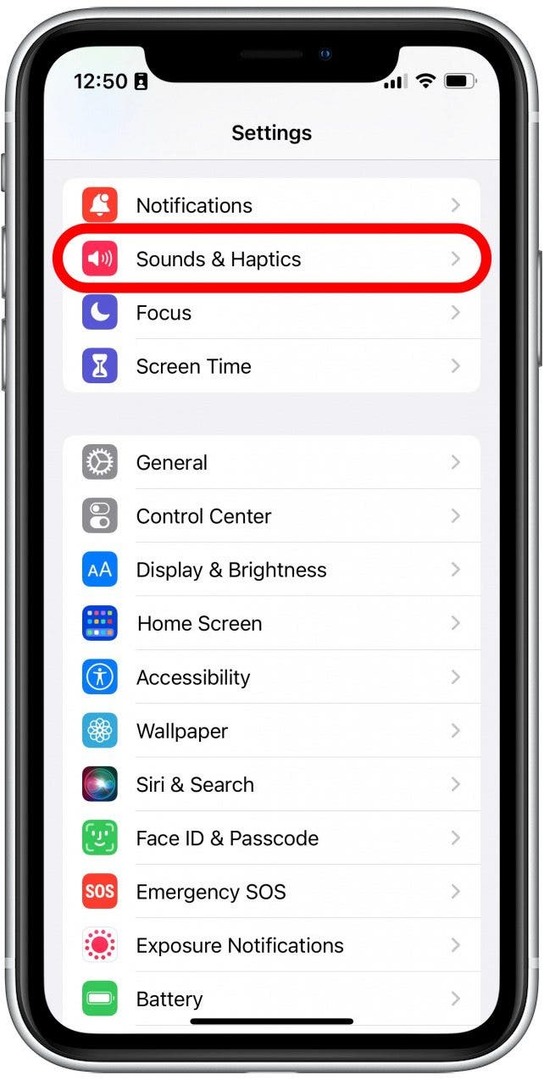 Прокрутите вниз и коснитесь «Звуки и тактильные ощущения».
