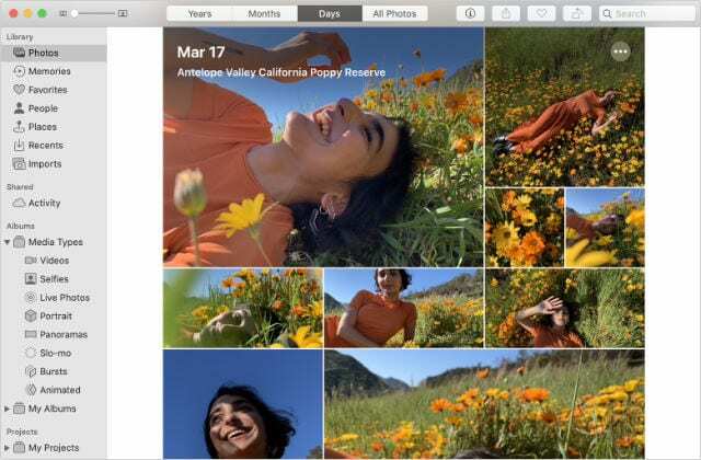 Aplikacija Photos v Macu z dobro organiziranimi fotografijami