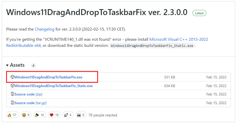 Installer Windows11DragAndDropToTaskbarFix-appen