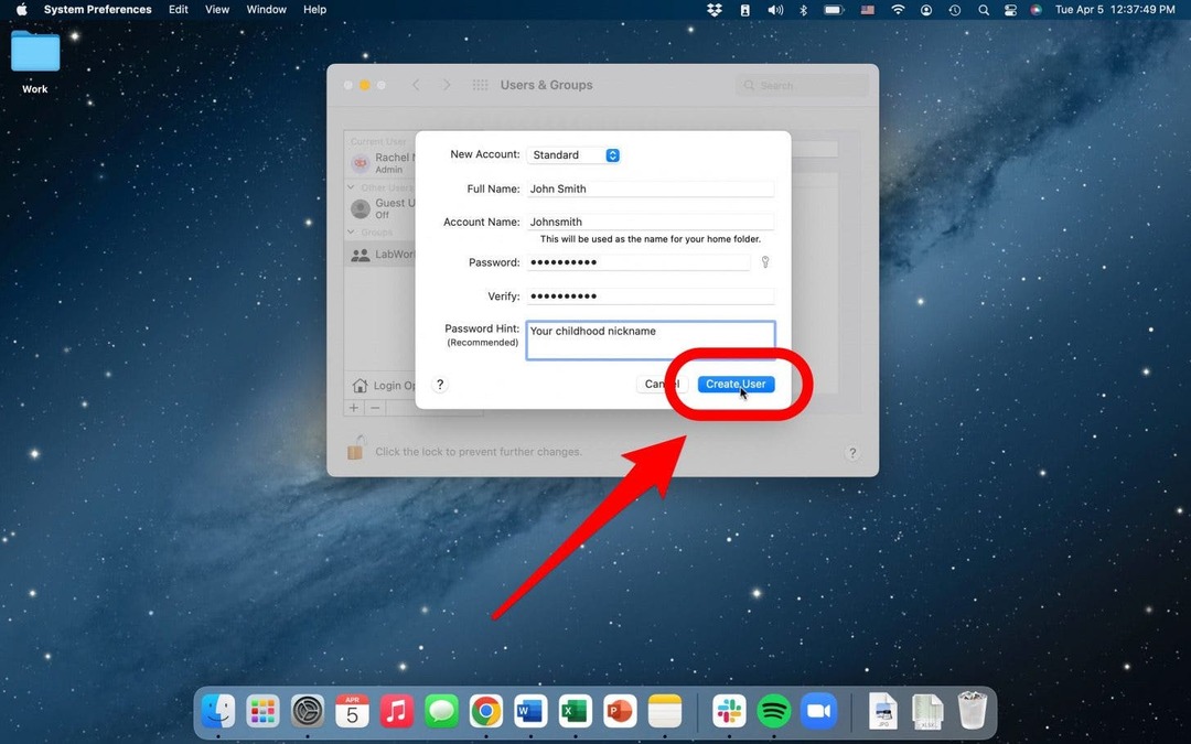 въведете информация и добавете нов потребител към mac