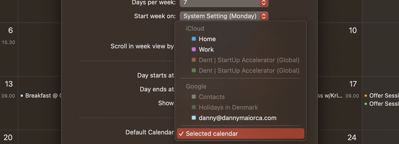 Kalenterin oletusasetukset macOS-näyttökuva
