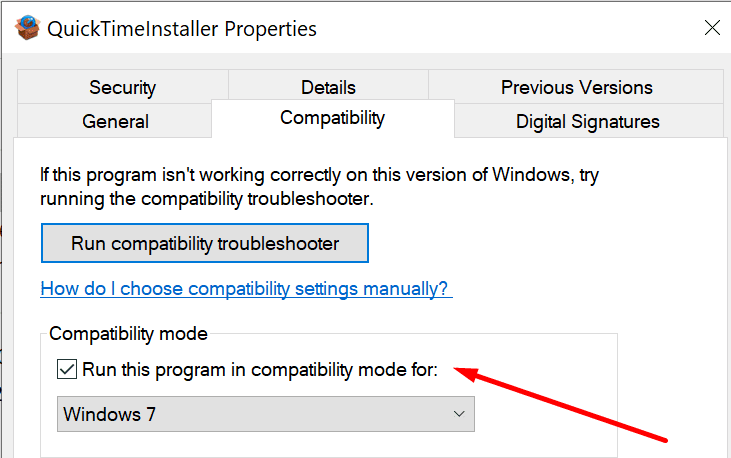 run-quicktime-installer-modalità-compatibilità