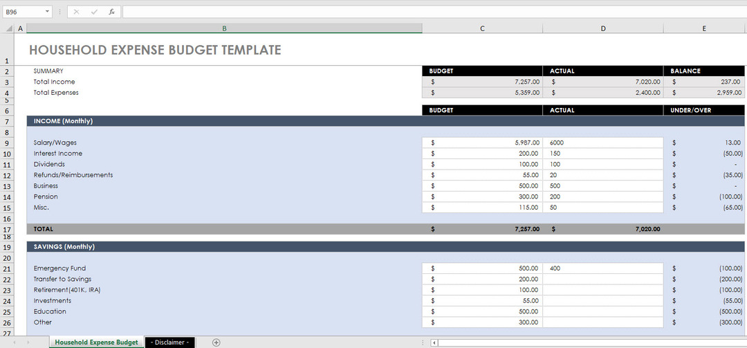 ბიუჯეტის შაბლონი Excel-ის საყოფაცხოვრებო ბიუჯეტისთვის