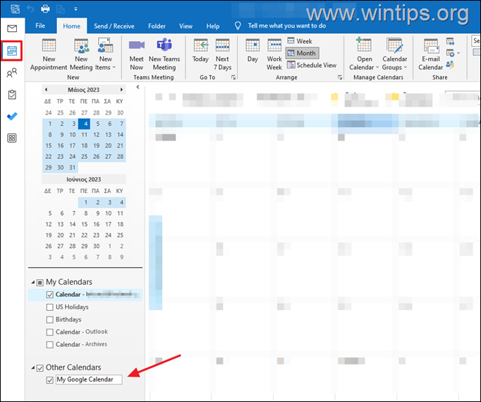 прегледайте календара на Google в Outlook