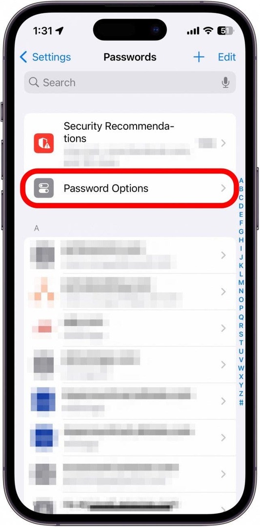 iPhone-Passworteinstellungen mit rot eingekreister Schaltfläche für Passwortoptionen