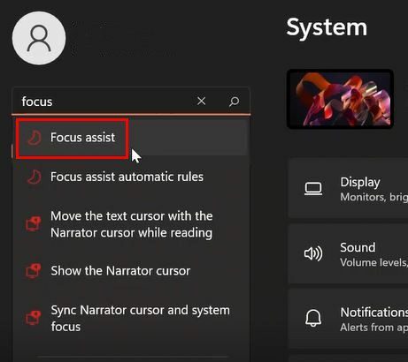 Focus Assist Search operētājsistēmā Windows 11