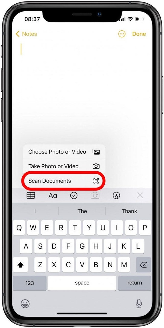 Valitse skannaus asiakirjat skannataksesi valokuvan Notes-sovelluksessa
