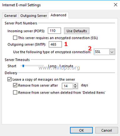 Outlook Outgoing Server PORT ir šifravimas