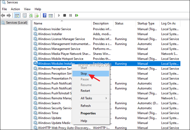 Hentikan layanan Penginstal Modul Windows