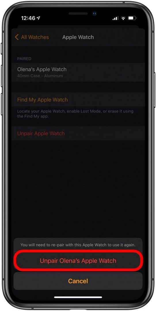 Apple Watch의 페어링을 해제할 것인지 확인합니다.