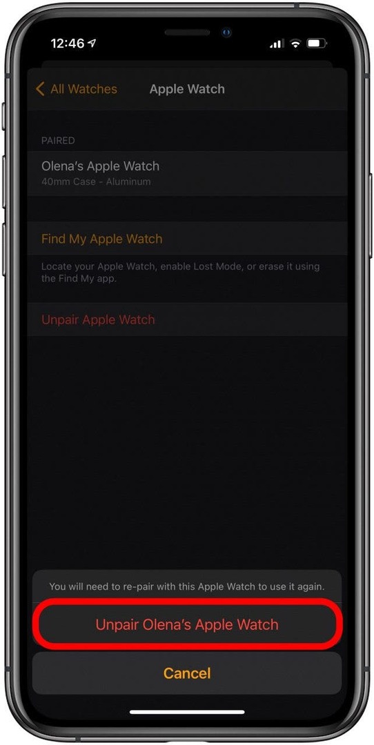 Επιβεβαιώστε ότι θέλετε να καταργήσετε τη σύζευξη του Apple Watch