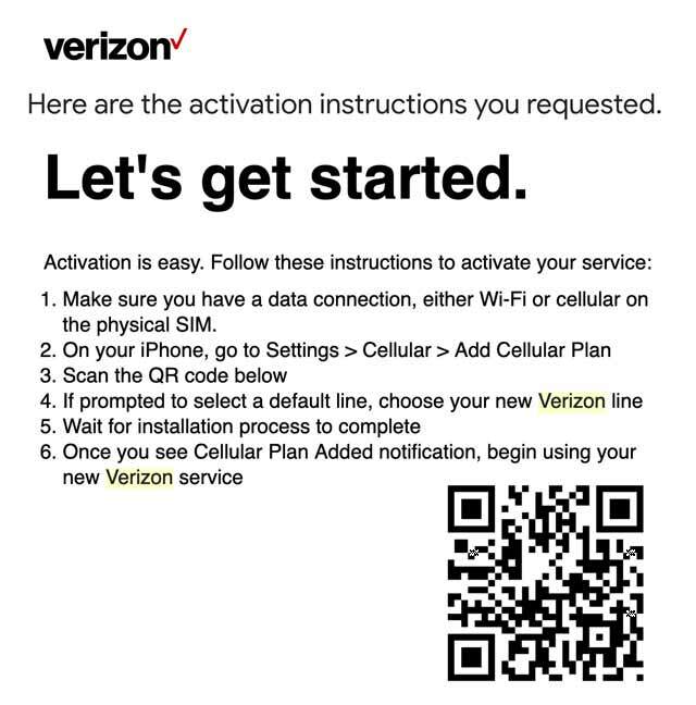 Verizoni QR-kood eSIM-i aktiveerimiseks