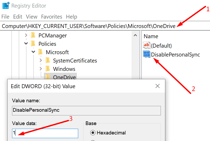 onemogućite uređivač registra sinkronizacije osobnog računa onedrive