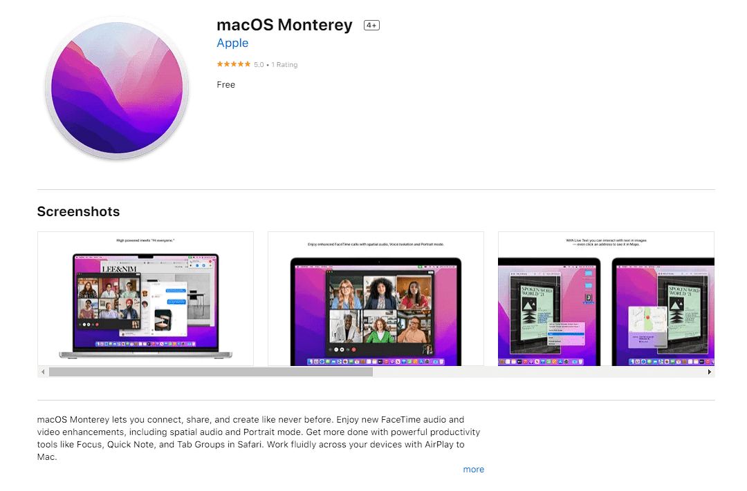 macOS Monterey จะไม่ติดตั้ง Mac App Store Listing