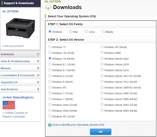 Choisissez le système d'exploitation pour télécharger Brother HL-2270DW