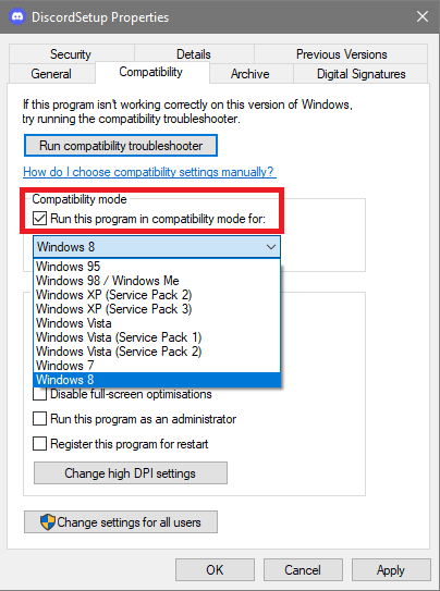 Modalità compatibilità, seleziona la casella Esegui questo programma in modalità compatibilità per