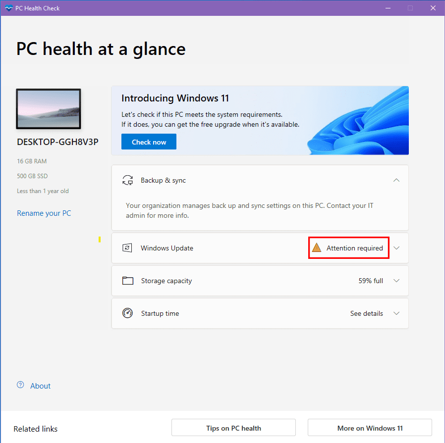 Aplicația PC Health Check afișează avertismente