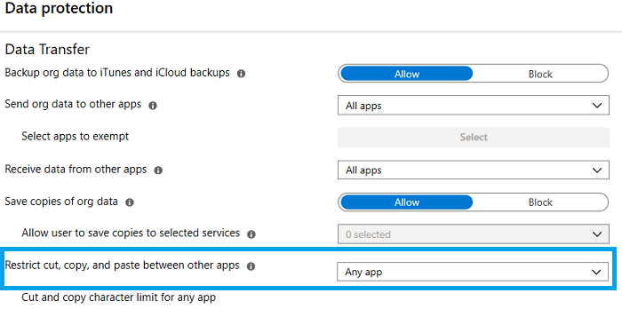 Microsoft-Intune-restrict-cut-copy-and-paste-med-other-apps