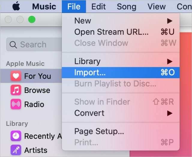Opzione di importazione per l'app Apple Music