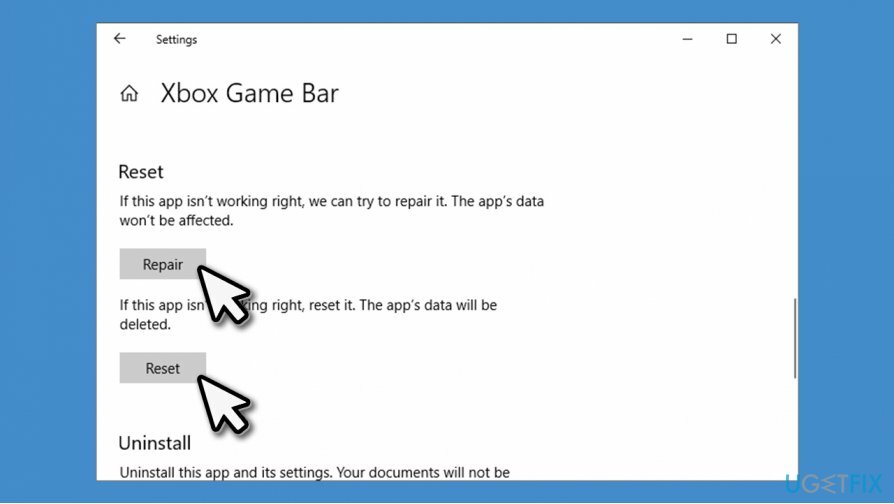 รีเซ็ต Xbox Game Bar