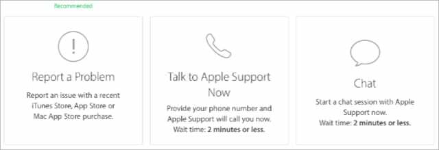 تعرض خيارات دعم Apple الهاتف أو الدردشة عبر الإنترنت.