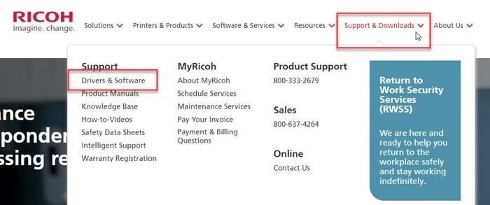 Odaberite Drivers & Software na kartici Support & Downloads na službenoj stranici Ricoh