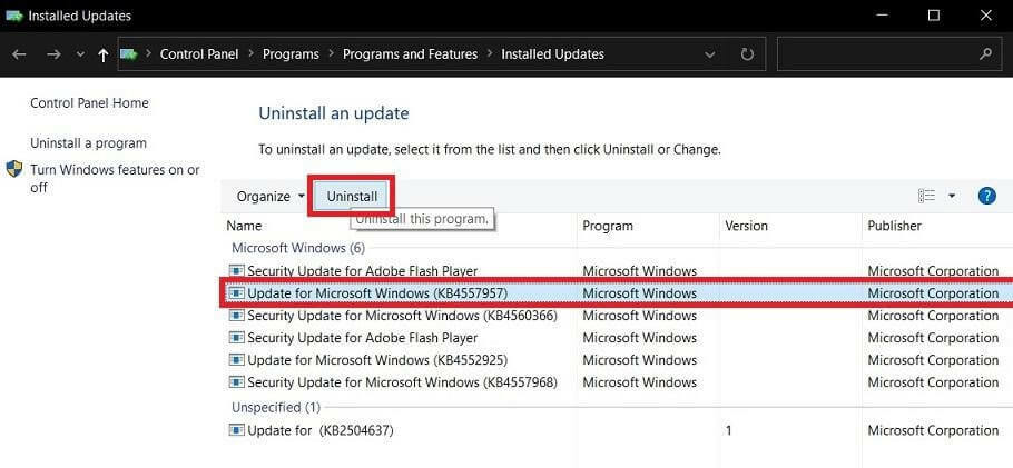 Desinstallige Windows 10 kumulatiivsed värskendused – 1 