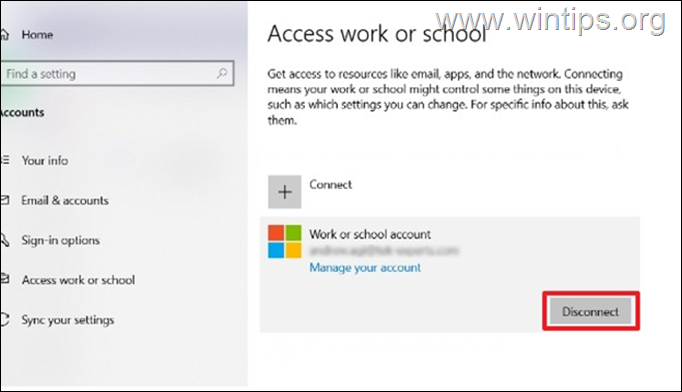 Noņemiet darba vai skolas kontus operētājsistēmā Windows 10