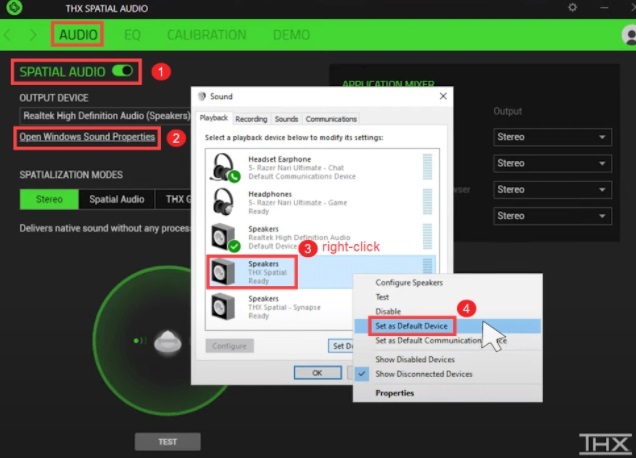 faceți clic dreapta pe Speakers THX Spatial Ready și alegeți Set as Default Device