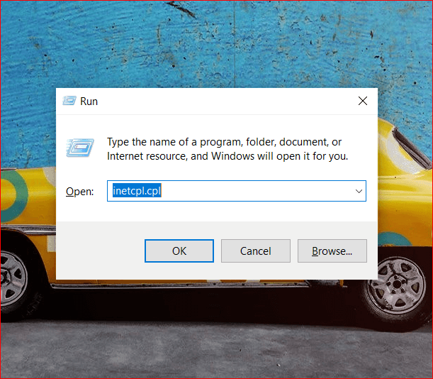 Windows 네트워크 진단을 실행하려면 inetcpl.cpl을 작성하십시오.