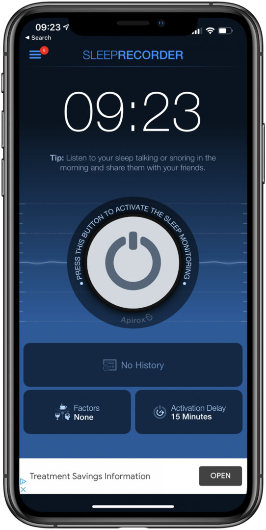 App Prime Sleep Recorder per il monitoraggio del sonno.