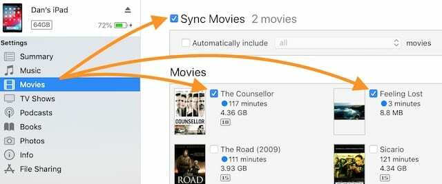 Kontrollkästchen zum Synchronisieren von Filmen in iTunes