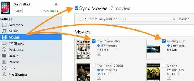 Cases à cocher de synchronisation des films dans iTunes